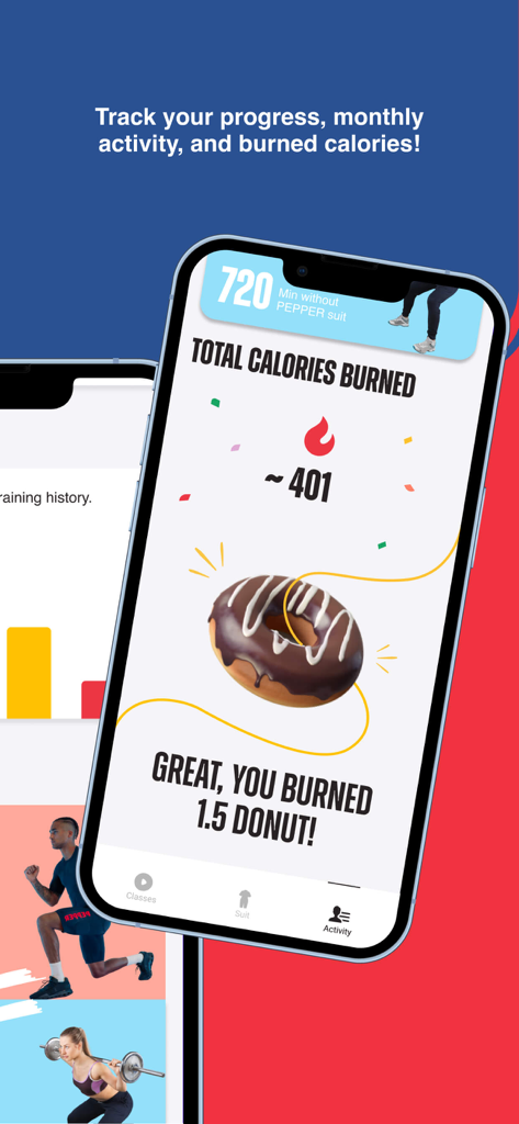 PEPPER: Home EMS Training - PEPPER App-Oberfläche zeigt verbrannte Gesamtkalorien an und vergleicht sie mit Lebensmitteln wie einem Donut