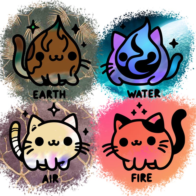 4 cats that represent the different elements, earth, water, air, and fire
