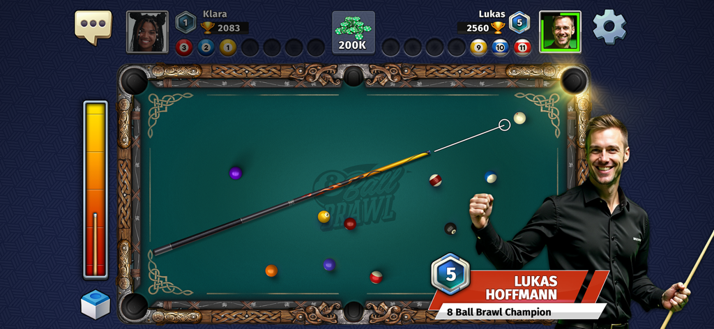 8 Ball Brawl: Pool & Billiards - Competitive 1v1 pool match gameplay in 8 Ball Brawl with player stats and a champion character