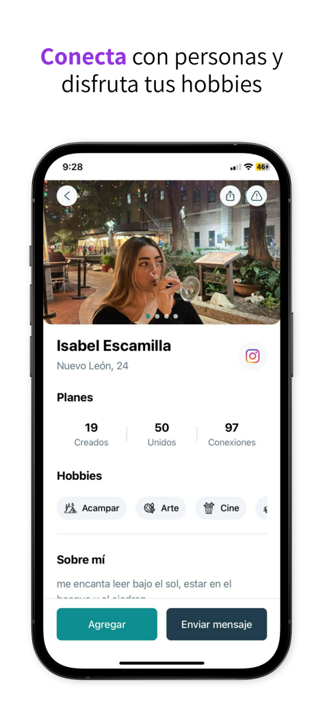 hobi - Friends & Plans - A mobile user profile in the hobi app showing shared hobbies and social connections.