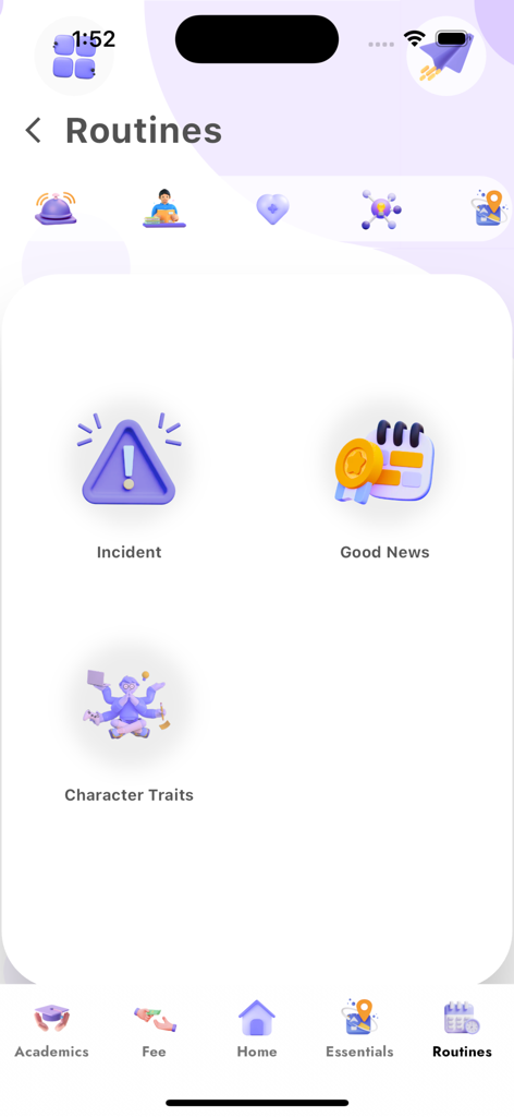 Interface of the Routines tab in the MES School Qatar app featuring icons for Incident Good News and Character Traits