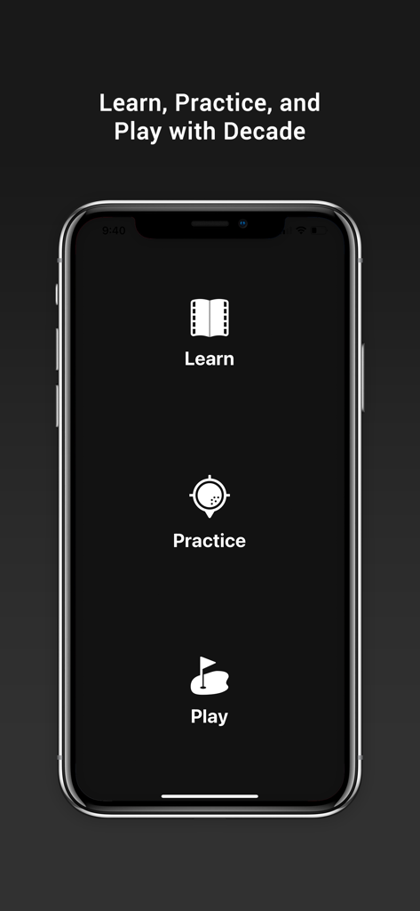 Das Hauptmenü der DECADE Golf-App mit den drei Kernoptionen Lernen, Üben und Spielen