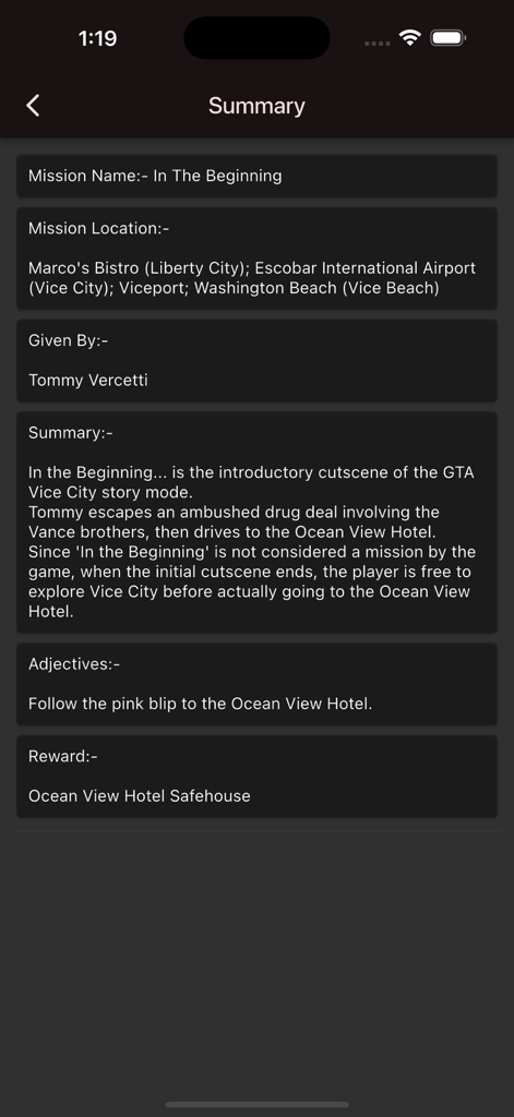 A detailed mission walkthrough screen for Grand Theft Auto Vice City showing objectives and rewards