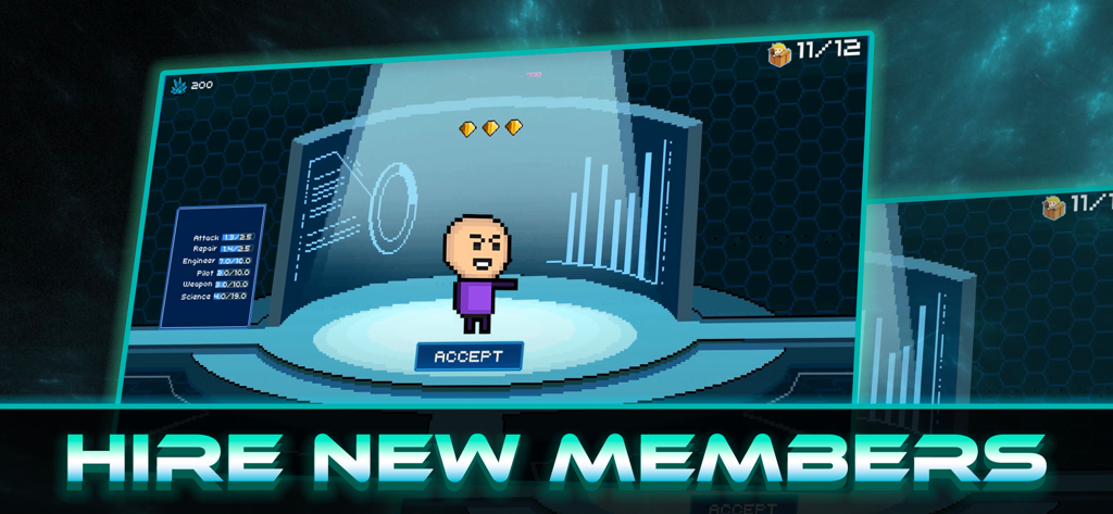 Pixel Starships™ - Pixel Starships recruitment screen showing character stats and the option to hire new crew members