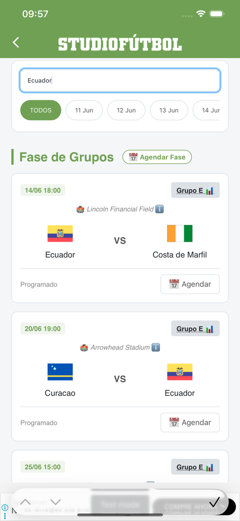 StudioFutbol - Interface de l'application StudioFutbol montrant le calendrier des matchs de l'équipe nationale équatorienne pendant la phase de groupes.