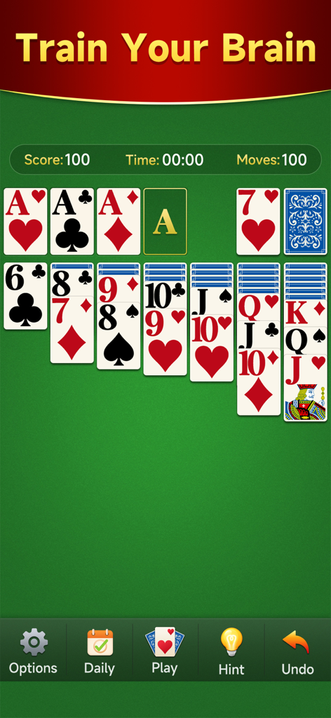 Mint Solitaire - Classic Solitaire card game interface with Train Your Brain heading