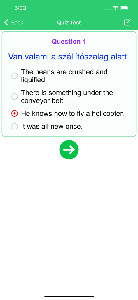 Learn Hungarian Premium - Pantalla de prueba de cuestionario para aprender frases húngaras con respuestas de opción múltiple.