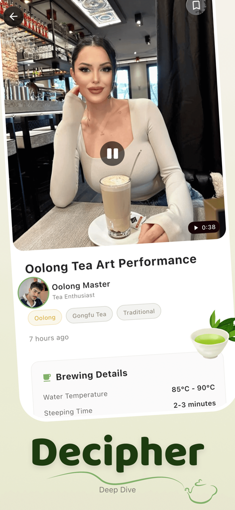 SeeTi - Video & Space - SeeTi app interface showing oolong tea brewing details and video performance content