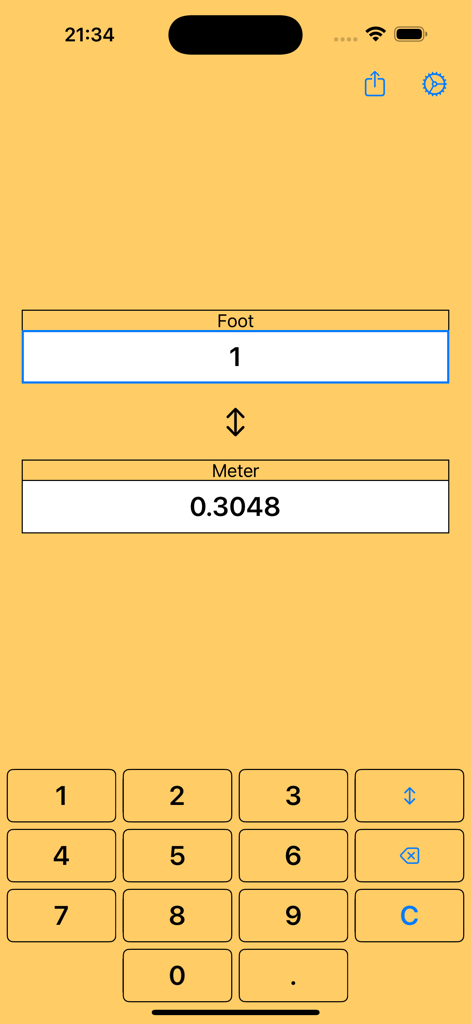 Interfaz de la aplicación Pies a Metros mostrando la conversión de 1 pie a 0.3048 metros.