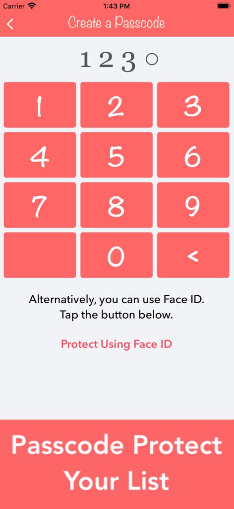Christmas Gift List Tracker - Interface for setting up a security passcode and Face ID in the Christmas Gift List Tracker app