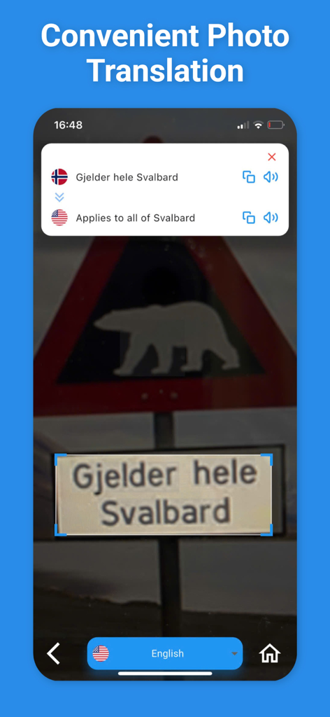 Norwegian Translator & More + - Interfaz de aplicación móvil que muestra la traducción de fotos de una señal de tráfico noruega al inglés