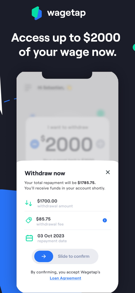Wagetap mobile app interface for withdrawing an instant cash advance