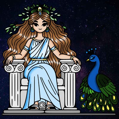 hera with peacock on a throne