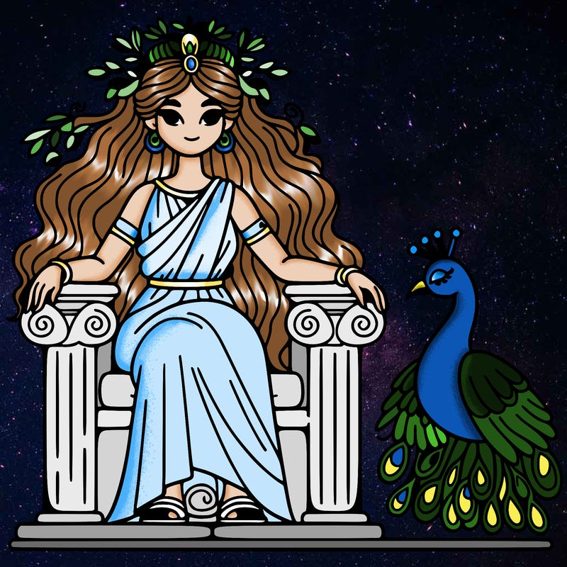 hera with peacock on a throne