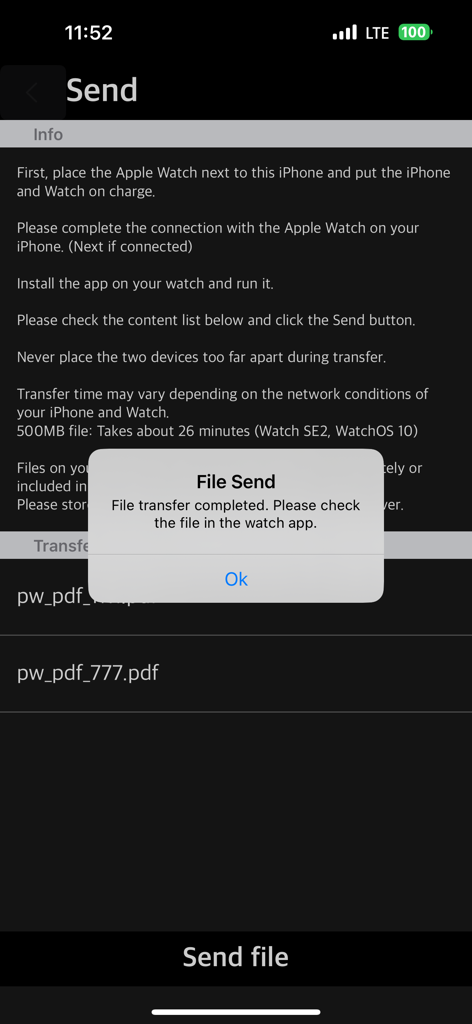 iPhone app screen showing a confirmation popup for a successful PDF file transfer to an Apple Watch