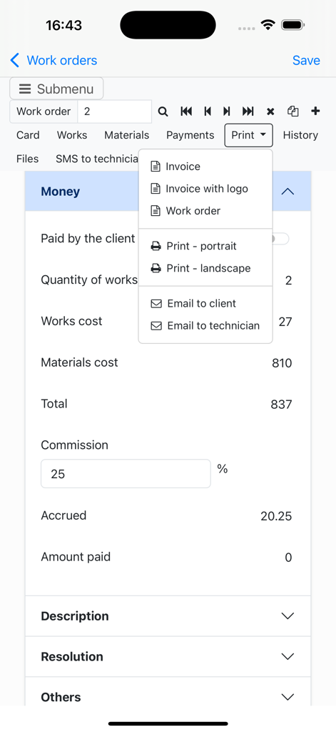 Nano Service Management - Work order billing details and invoice print menu in the Nano Service Management app
