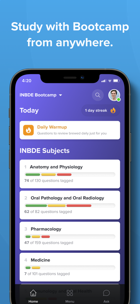 Bootcamp app interface displaying INBDE dental exam subjects and study progress
