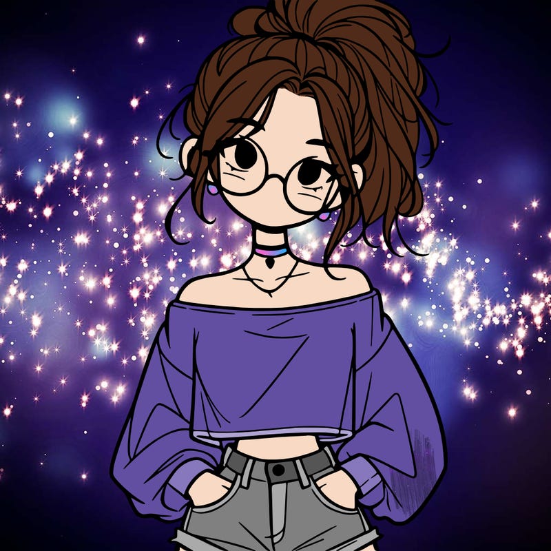 girl with a messy ponytail glasses a baggy crop top and jean shorts