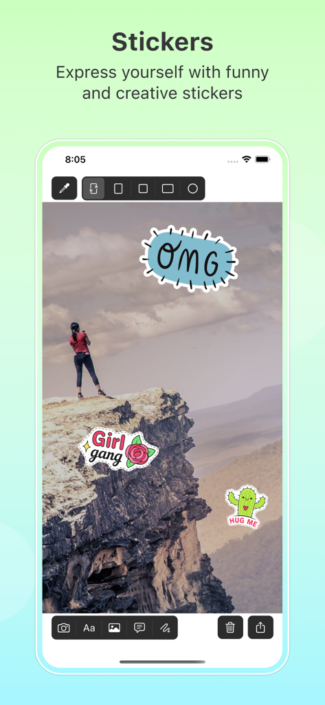 Cre8 - Photo Editor & Drawing - Cre8 app interface showing creative stickers added to a landscape photo
