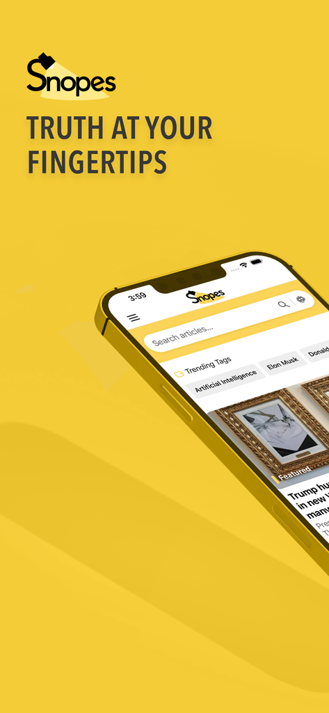 Snopes - Snopes mobile app home screen showing search bar and trending news tags on a yellow background