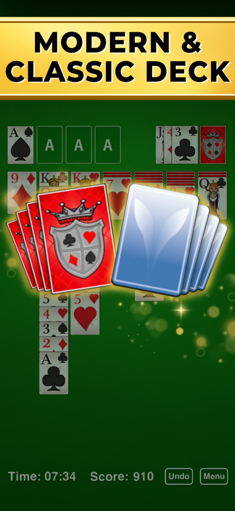 Interfaz del juego Solitaire Classic mostrando diseños de reversos de cartas modernos y clásicos