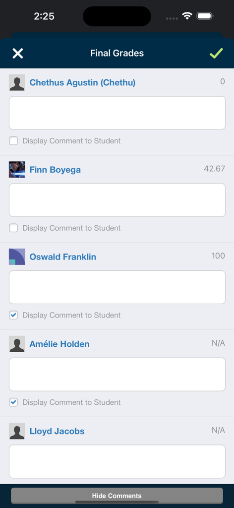 Interface of the Schoology app showing final grades and comments for several students