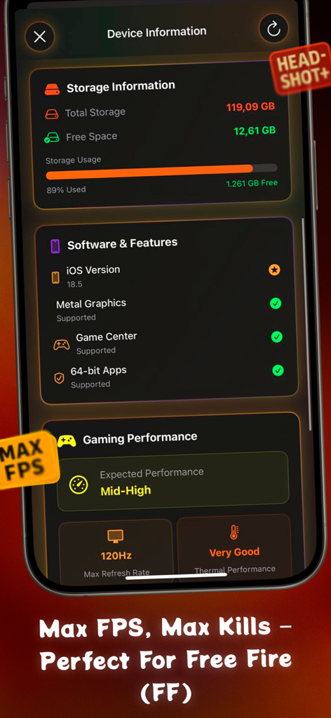 Écran d'informations sur l'appareil montrant les fonctionnalités logicielles de stockage et les performances de jeu attendues dans GFX Pro.