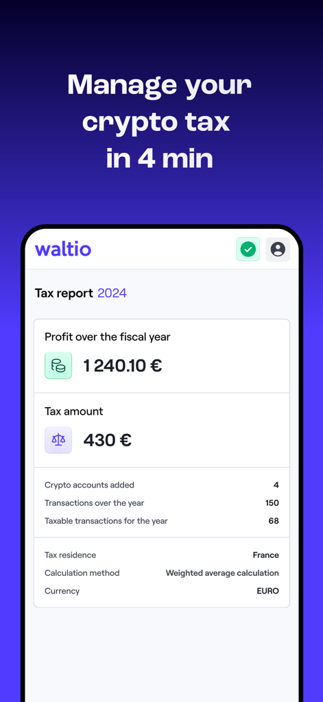 Waltio: Crypto Portfolio & Tax - Aplicación móvil Waltio mostrando un resumen del informe fiscal de criptomonedas de 2024 con el beneficio y el importe del impuesto