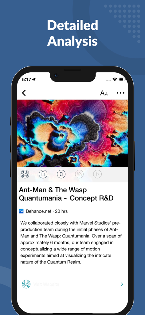 Pantalla de análisis detallado de artículos dentro de la aplicación Design News mostrando un estudio de caso de diseño gráfico de Behance