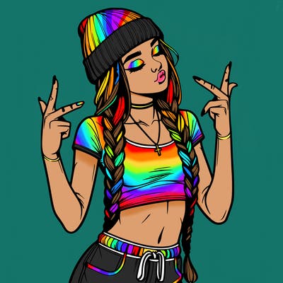 realistic teenage girl with braids and a beanie and crop top doing 🫶🏼