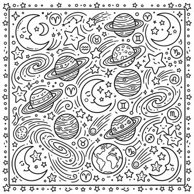 Ignite your child's imagination with this charming celestial patterns coloring page, specially designed for young space enthusiasts. Featuring friendly planets, twinkling stars, and smiling moons, it's perfect for a creative adventure.