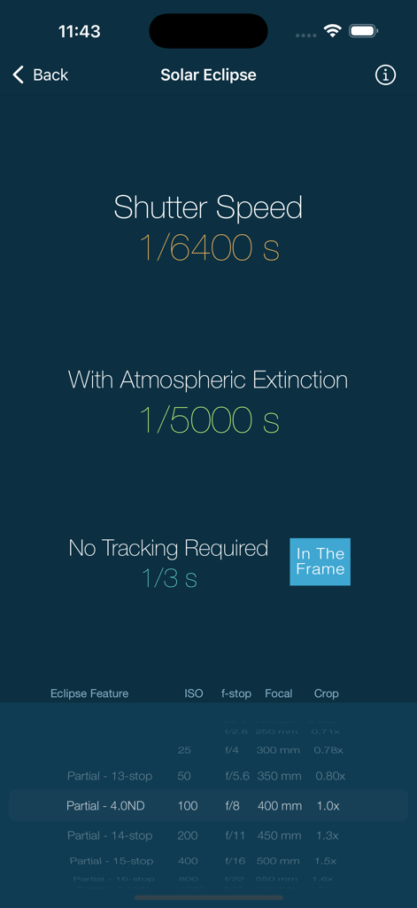 LExp - Long Exposure Calcs - Interface of the LExp app showing solar eclipse shutter speed calculations with ISO and f-stop settings.