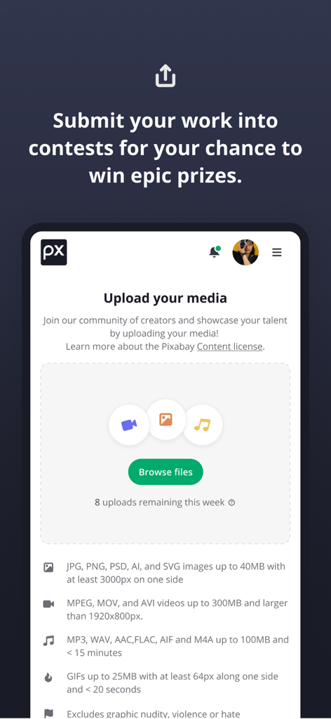 Pixabay mobile app screen showing options to upload media for creative contests