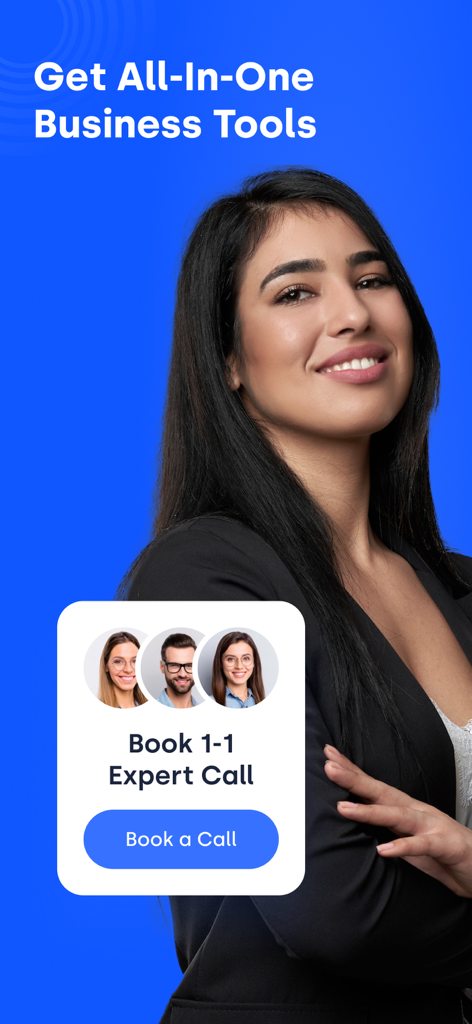 A woman smiling next to a Skip app screen for booking 1 on 1 expert business consultations