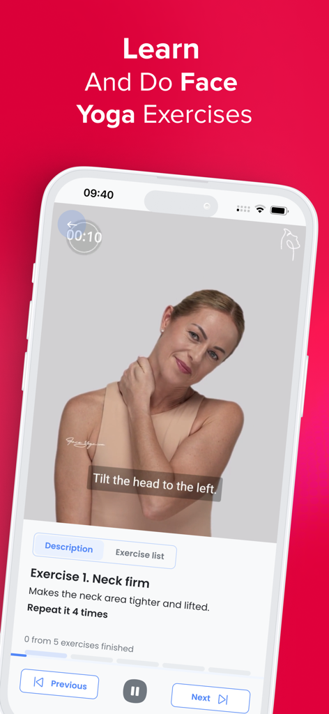 Face Yoga: Facial Exercises - A woman demonstrating a neck firming facial exercise within the Face Yoga app interface