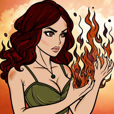 a realistic woman having the power of fire