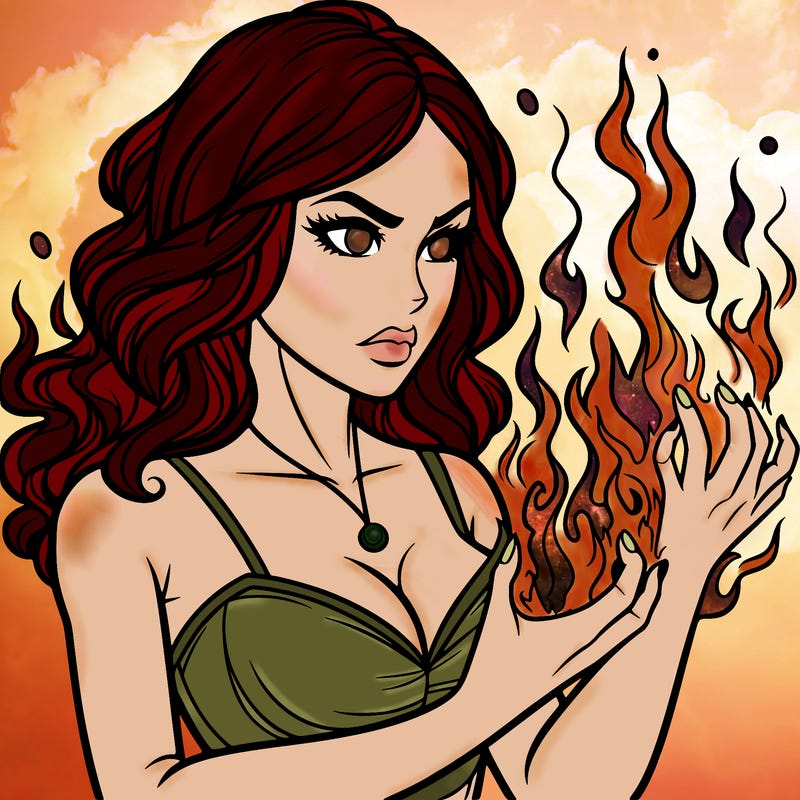 a realistic woman having the power of fire