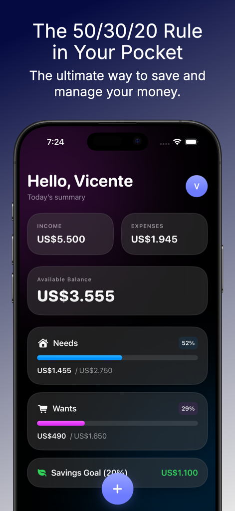 Toki: 50/30/20 Budget Rule - Dashboard of the Toki budget app showing income, expenses, and the 50 30 20 rule breakdown.