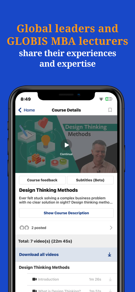 GLOBIS Unlimited - Una pantalla de smartphone mostrando la interfaz del curso Métodos de Design Thinking en la aplicación GLOBIS Unlimited