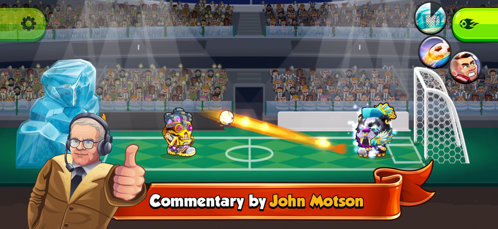 Jogabilidade do Head Ball 2 com ação de futebol e comentários de John Motson