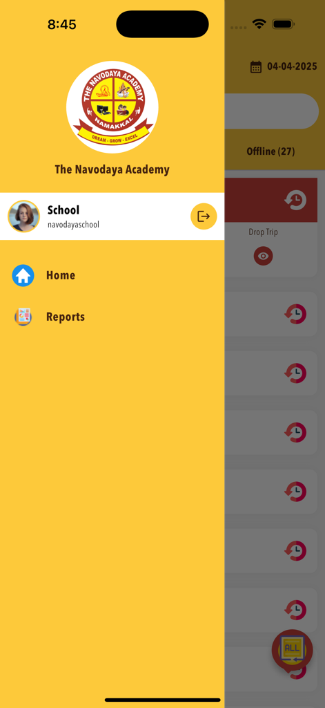 Navic By Nirals - Side navigation menu of the Navic By Nirals app displaying home and reports options for school administrators