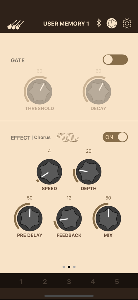 THR Remote app screen with noise gate and chorus effect controls