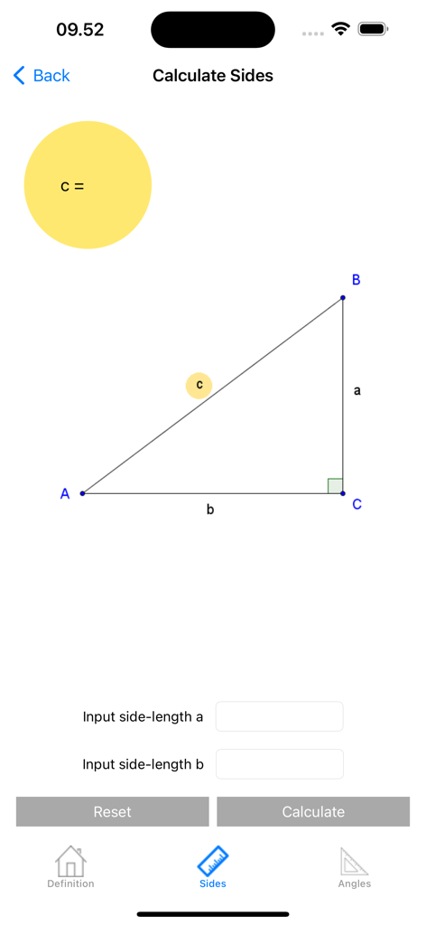 Interface of the Trigonometry calc app displaying a right-angled triangle with input fields for sides a and b to calculate the hypotenuse c