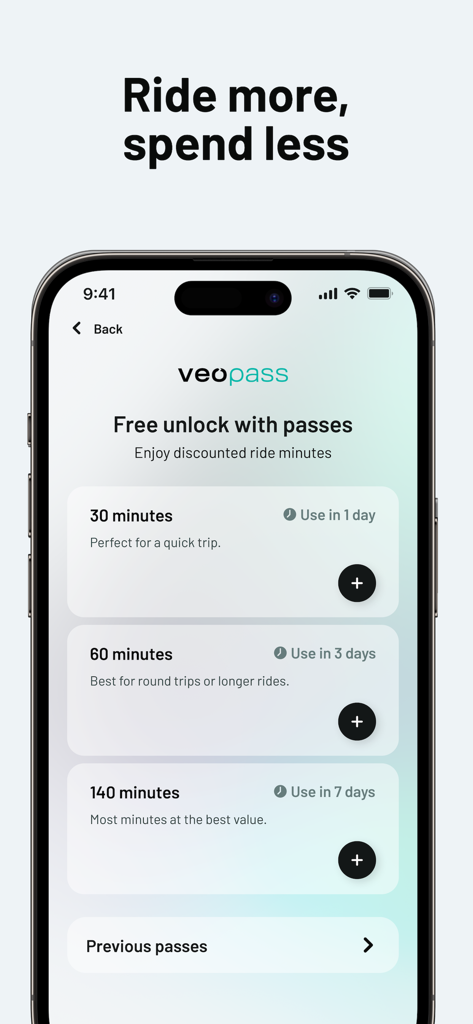 Veo - Veo app interface showing various ride pass options and pricing for e-scooters and bikes
