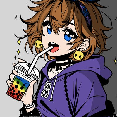 hot baddie anime girl drinking boba and biting the straw