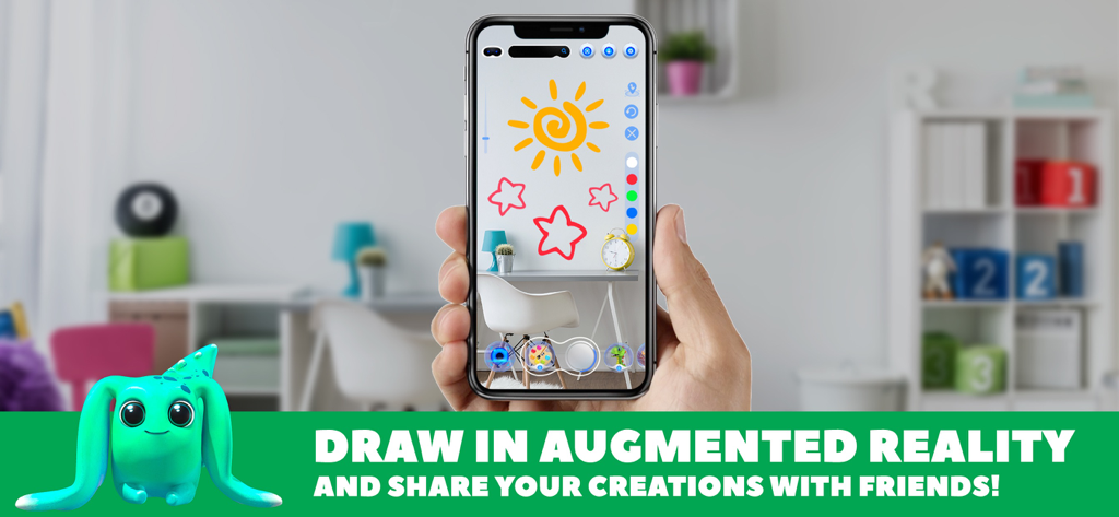 DEVAR - Augmented Reality - Una persona sosteniendo un teléfono usando la aplicación DEVAR para dibujar un sol y estrellas en realidad aumentada.
