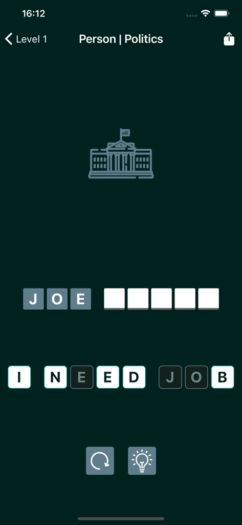 Dingbats - Between the lines - A political word puzzle in the Dingbats game showing a White House icon and letter tiles for Joe Biden