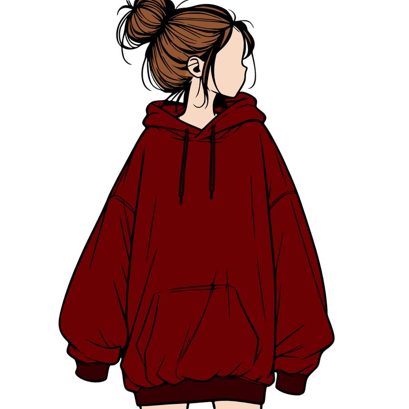 realistic girl with a oversized sweatshirt on and a bun
