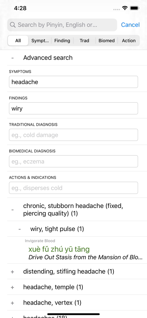 Eastland Herb–Chinese Medicine - Interfaccia di ricerca avanzata dell'app Eastland Herb che mostra una ricerca clinica per sintomi di mal di testa e riscontri di polso a corda