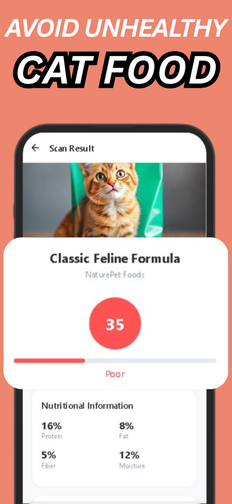 Cat Food Scanner - Leo - 猫のフードブランドの健康状態が悪いスコアを示すLeoアプリのスキャン結果画面